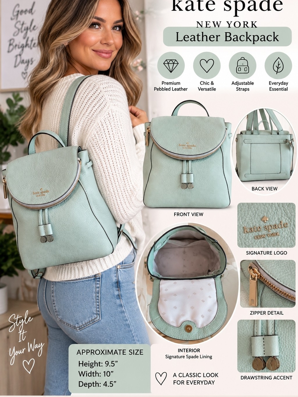 Kate Spade Mint Green Pebbled Leather Backpack